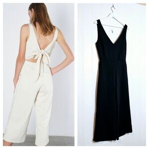 Mod Ref Paige Jumper S V Neck Open Back Wide Leg Culotte Black Tie Waist Crop